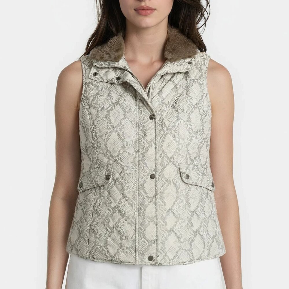 Talbots Snake Print Quilted Puffer Vest with Faux Fur Collar in Gray